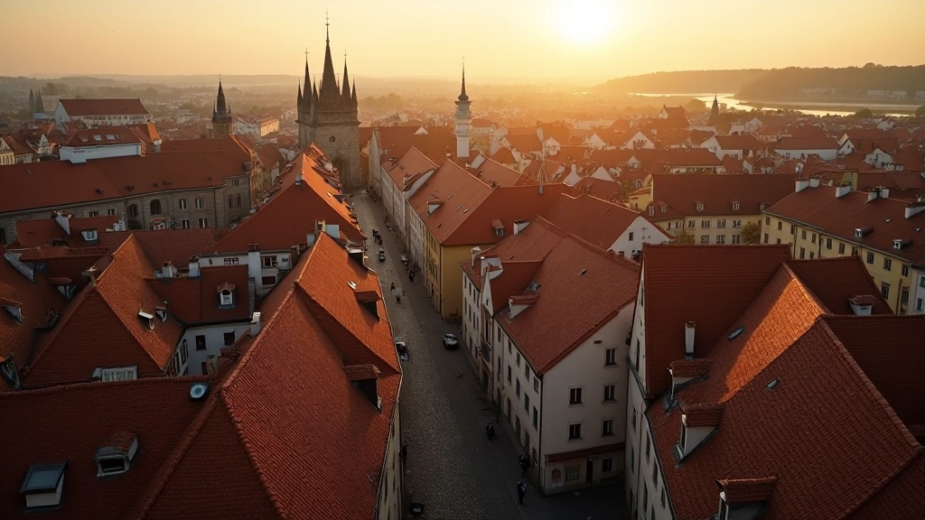 Pohled na židovskou čtvrť z výšky s tradičními střechami a historickými ulicemi Třebíče