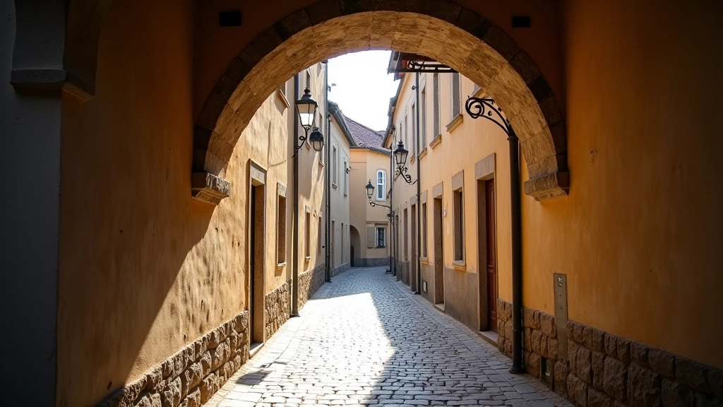 Vstup do židovské čtvrti v Třebíči s historickou bránou a úzkými uličkami