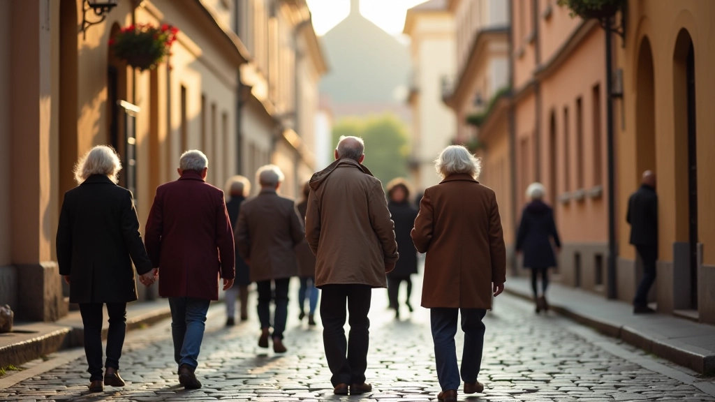 Skupina seniorů na procházce historickou čtvrtí s průvodcem, který vysvětluje historii místa