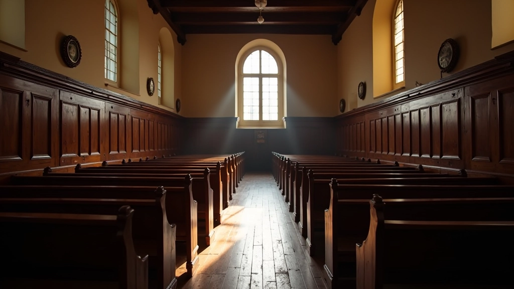 Interiér staré synagogy s původními dřevěnými lavicemi, tlumeným světlem z historických oken a architektonickými detaily