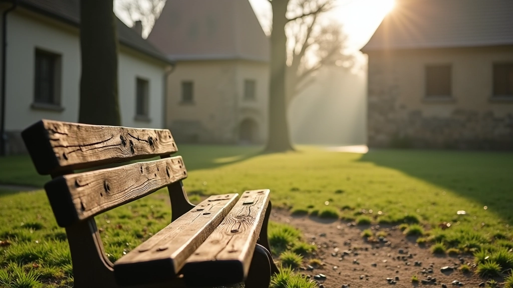 Lavička v tichém parku u historických budov Třebíče s rozhledy na starou městskou architekturu